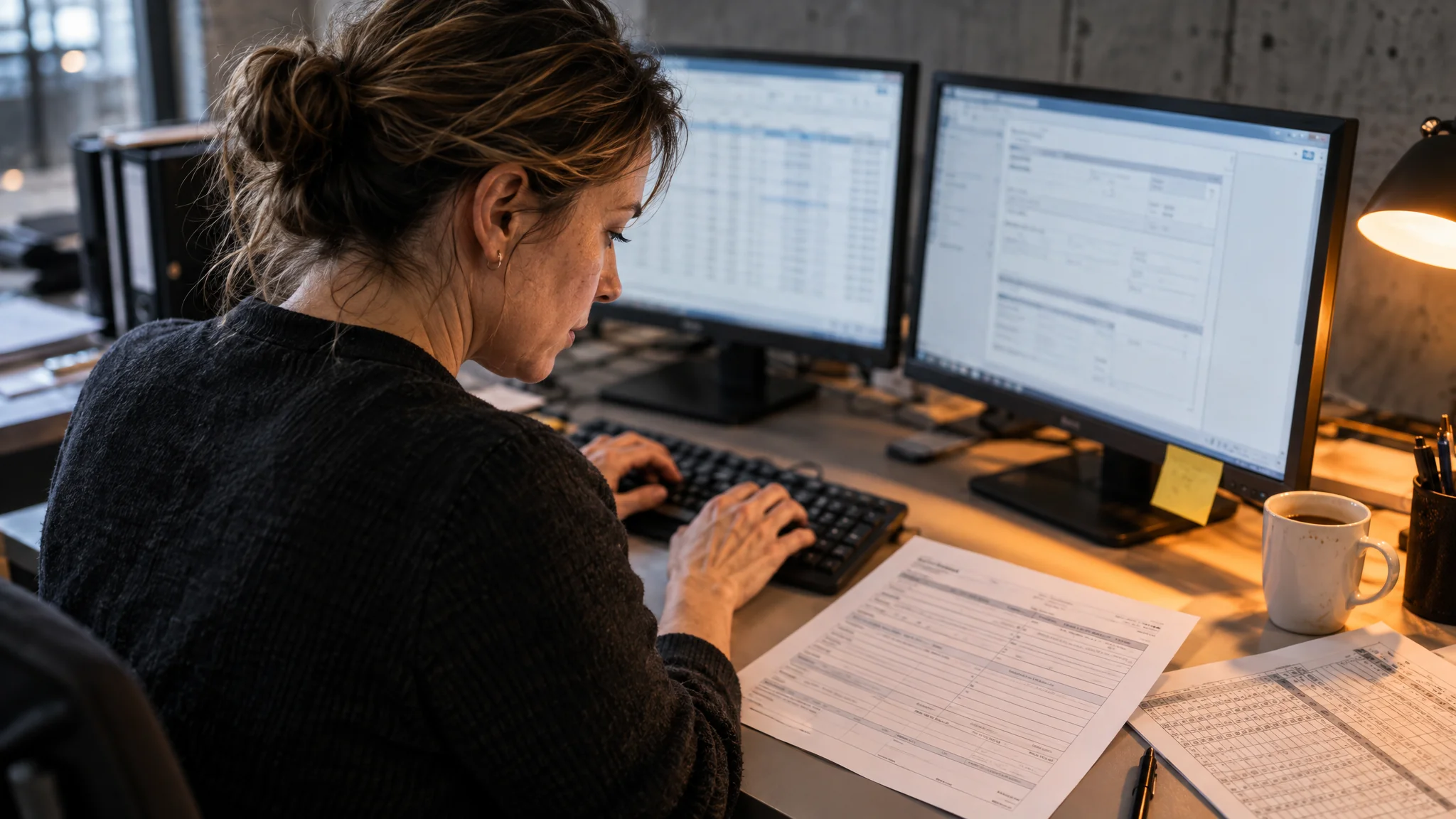 Eine Sachbearbeiterin tippt einen ausgedruckten Auftrag in den Computer, daneben weitere Ausdrucke und eine Tasse Kaffee