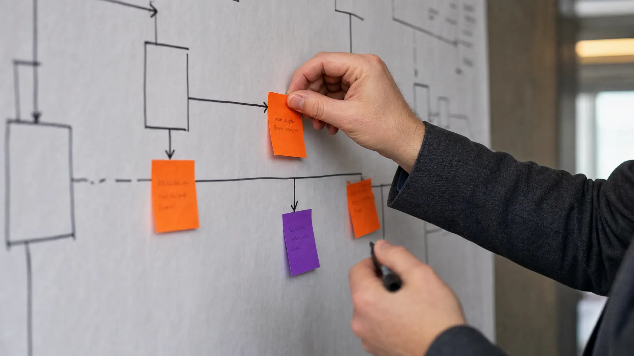 Hands stick notes onto a drawn process map.