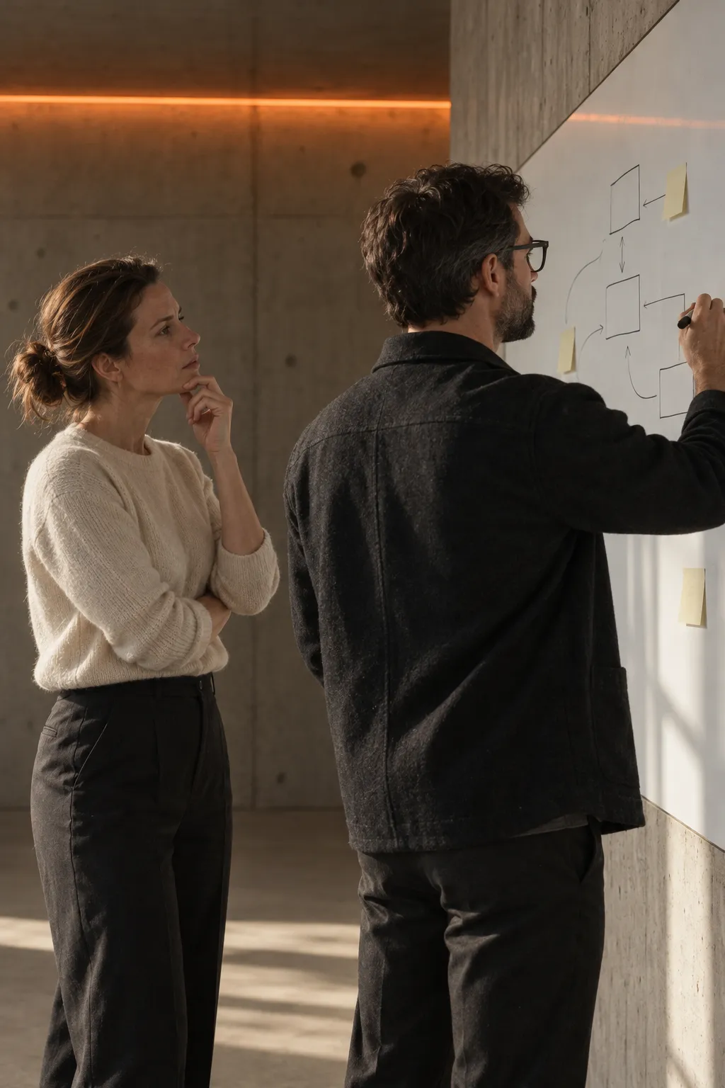 Two consultants calmly sketch a process on a whiteboard.