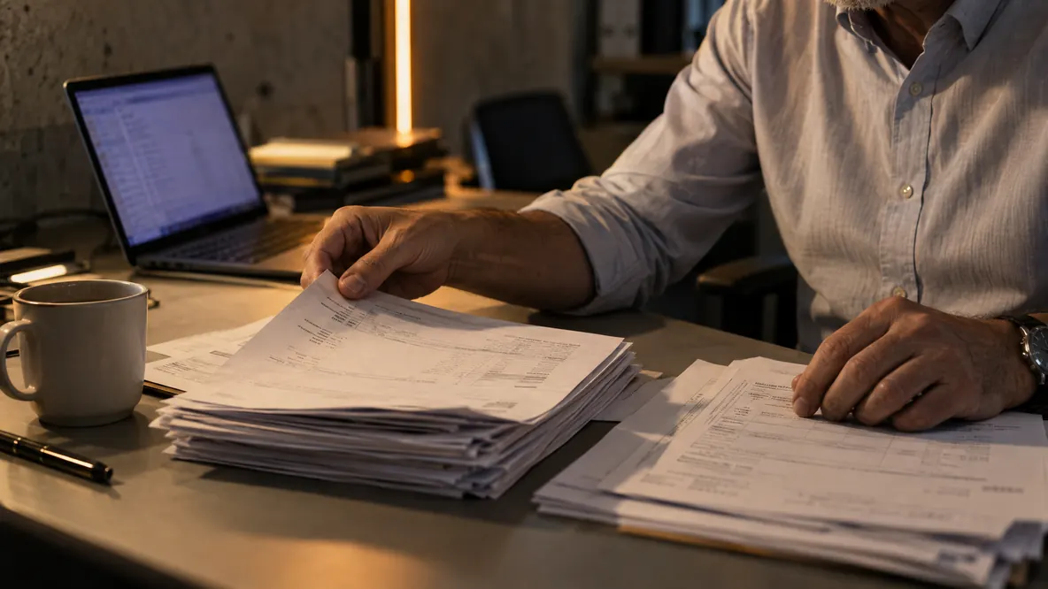 A man leafs through stacks of paper invoices at his desk, a laptop with a spreadsheet in the background
