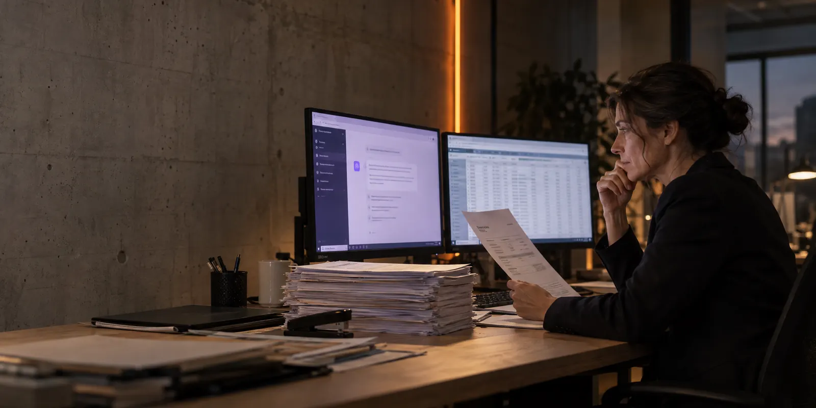 A woman checks a paper invoice in the evening in front of two screens showing an AI chat and a spreadsheet, next to a stack of receipts