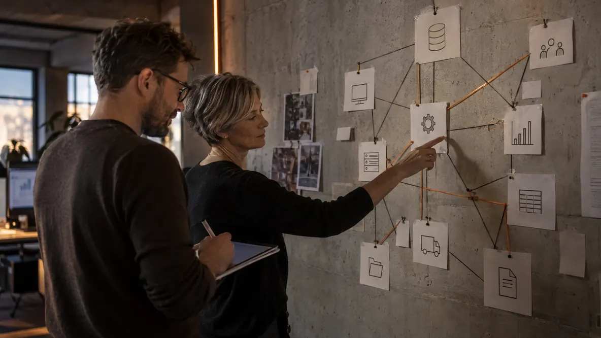 Two people map the system landscape together on a concrete wall with cards and threads