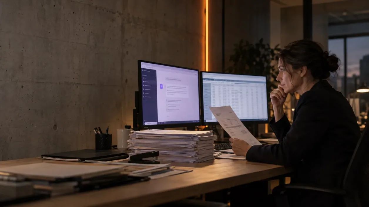 A woman checks a paper invoice in the evening in front of two screens showing an AI chat and a spreadsheet, next to a stack of receipts