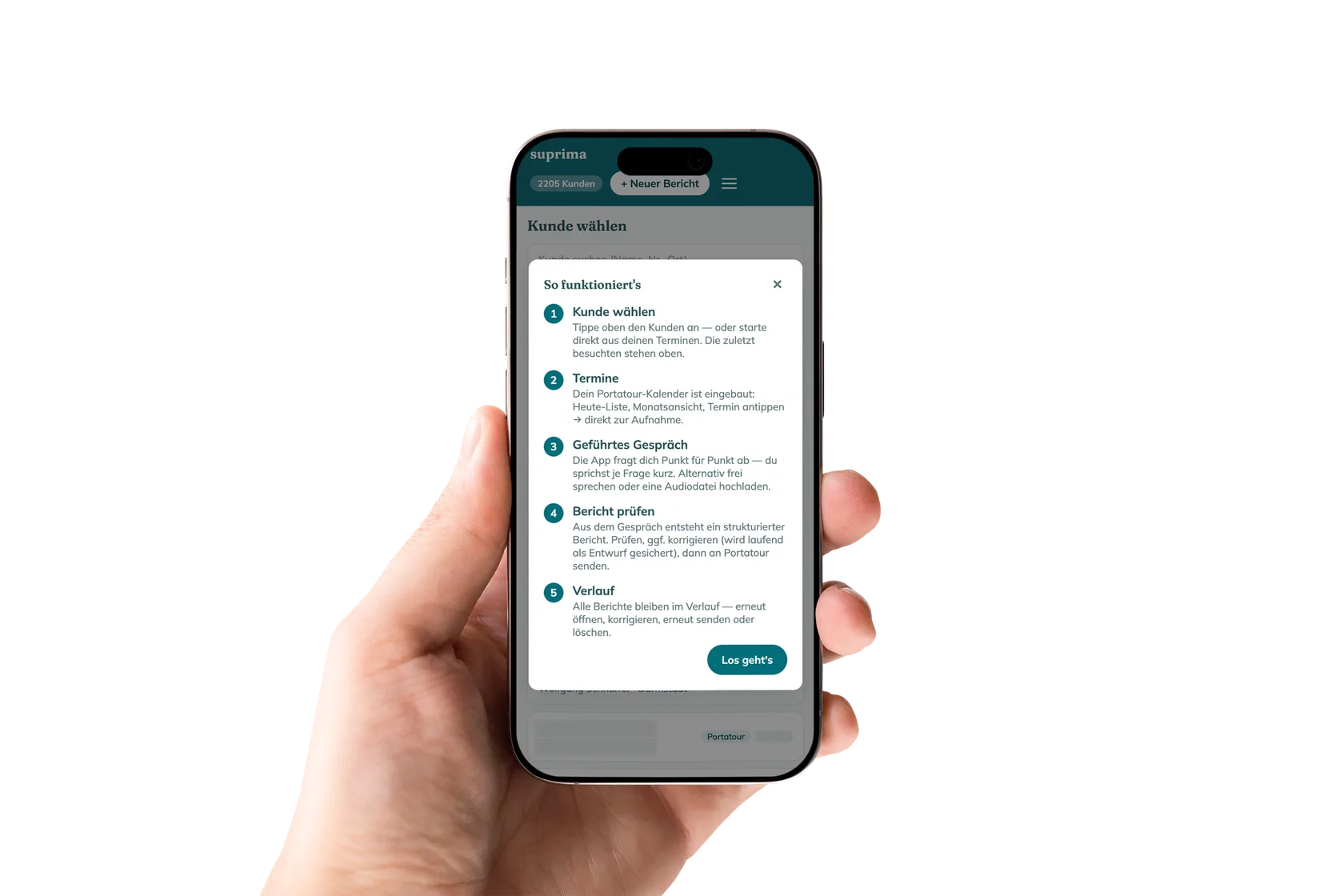 Hand holding a smartphone with the suprima field sales app: a five-step “How it works” guide
