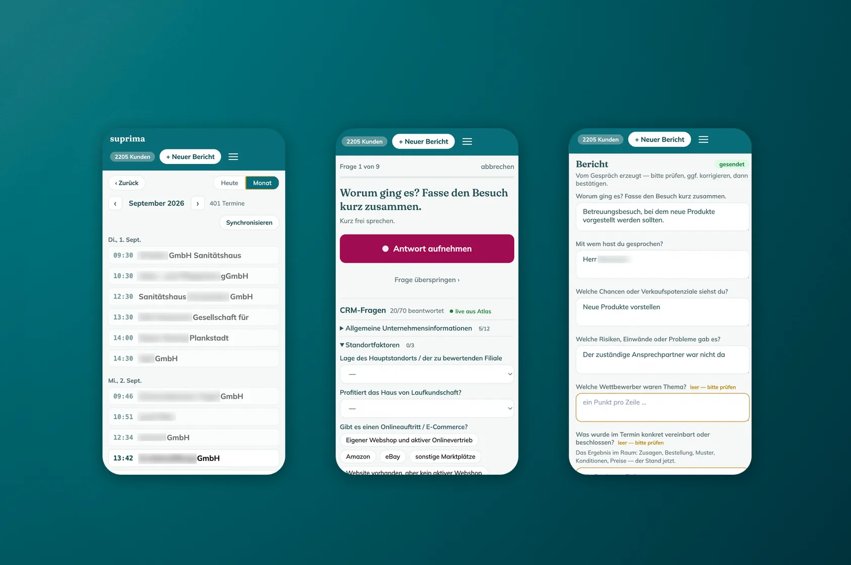Three app screens: appointment list, guided conversation with voice recording and the finished report