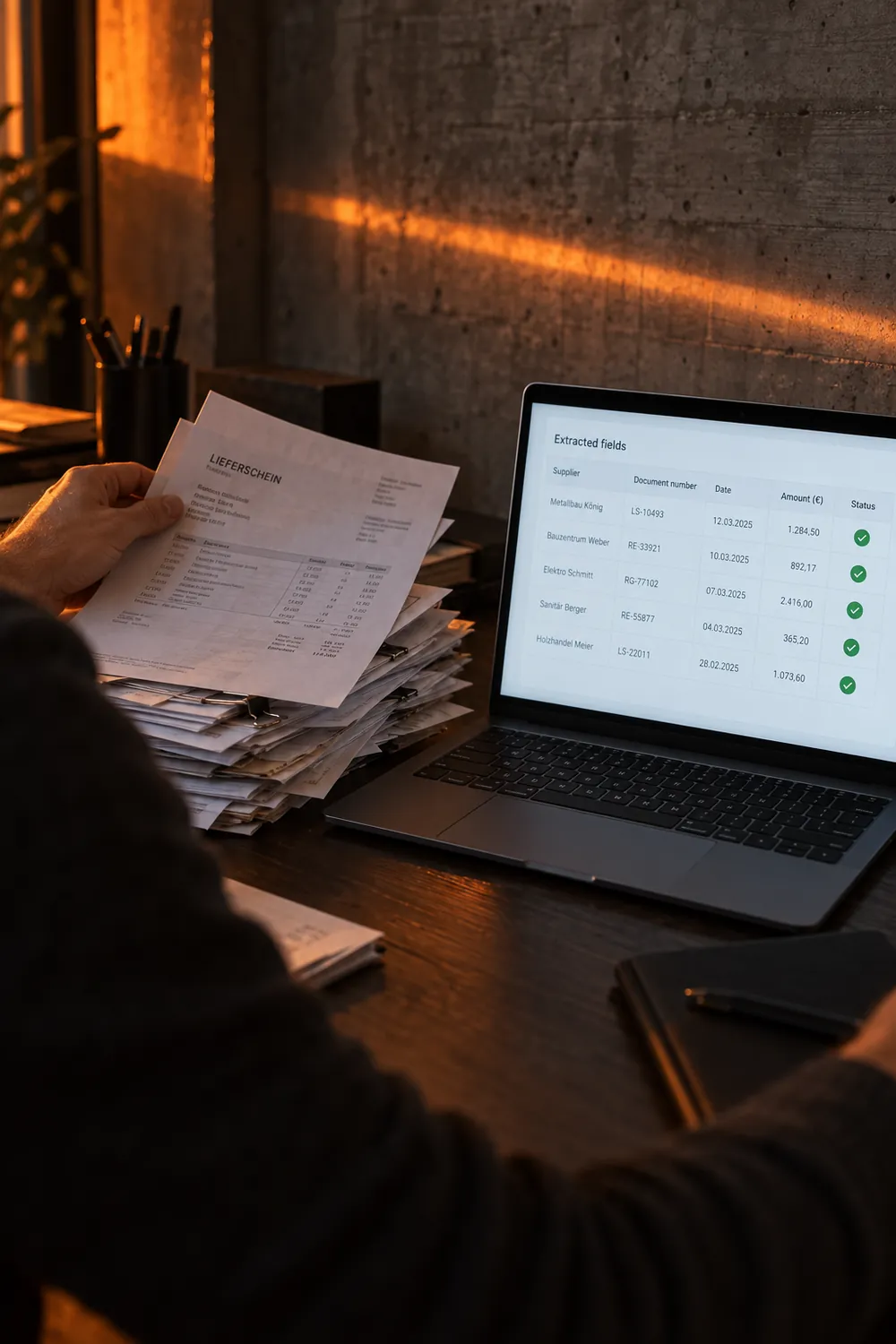 Stack of documents next to a laptop showing extracted line items
