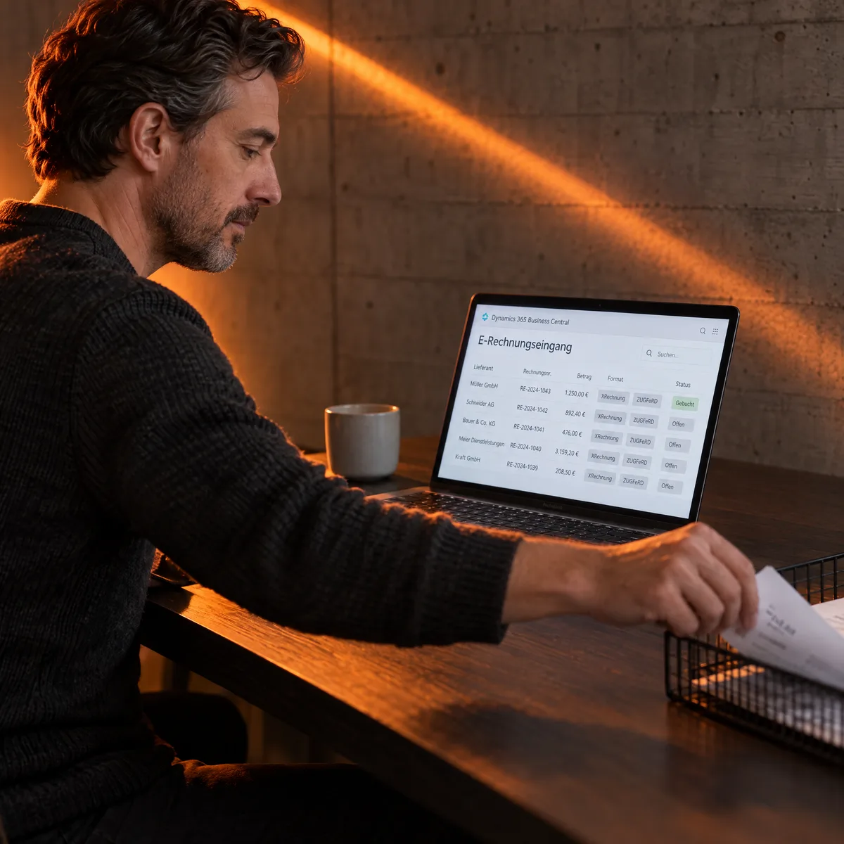 Mitarbeiter prüft den E-Rechnungseingang in Business Central am Laptop
