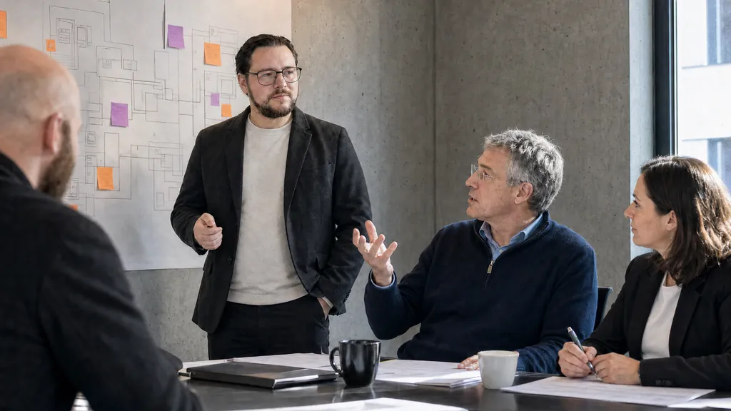 Workshop: Moritz Grellner moderiert, Geschäftsführung und Fachbereich diskutieren am Tisch vor einer Prozesswand
