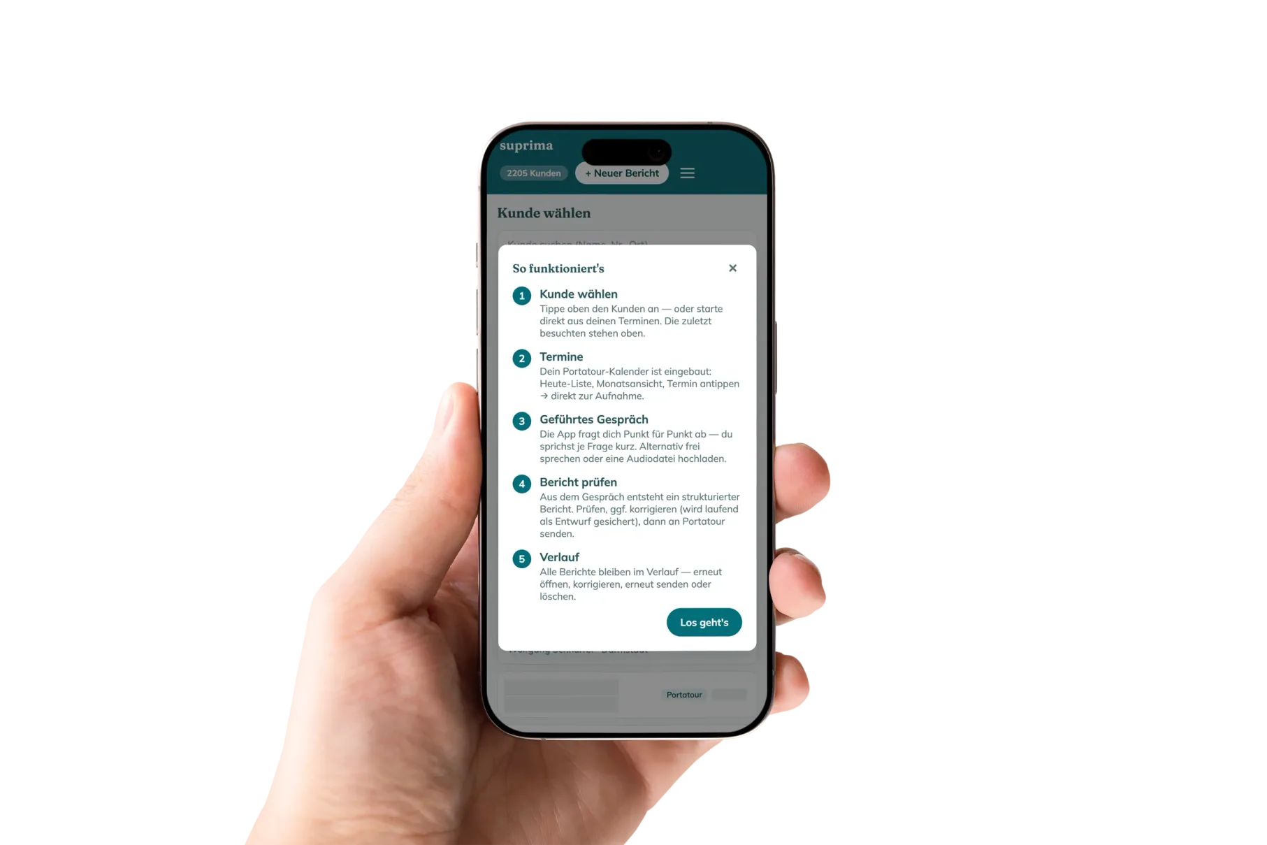 Suprima's visit report app on an iPhone